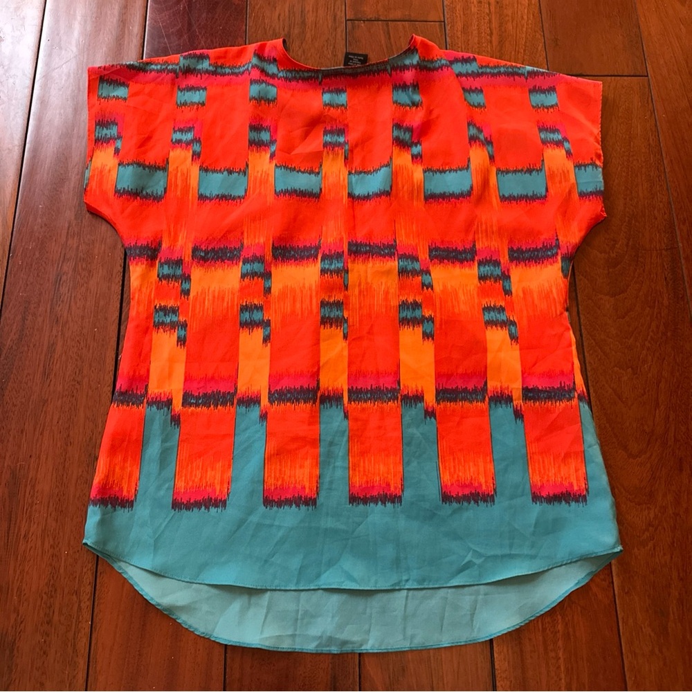 Calvin Klein Top Womens Size M Blue Orange Colorful Boho Drapey Scoop Neck - Picture 4 of 4